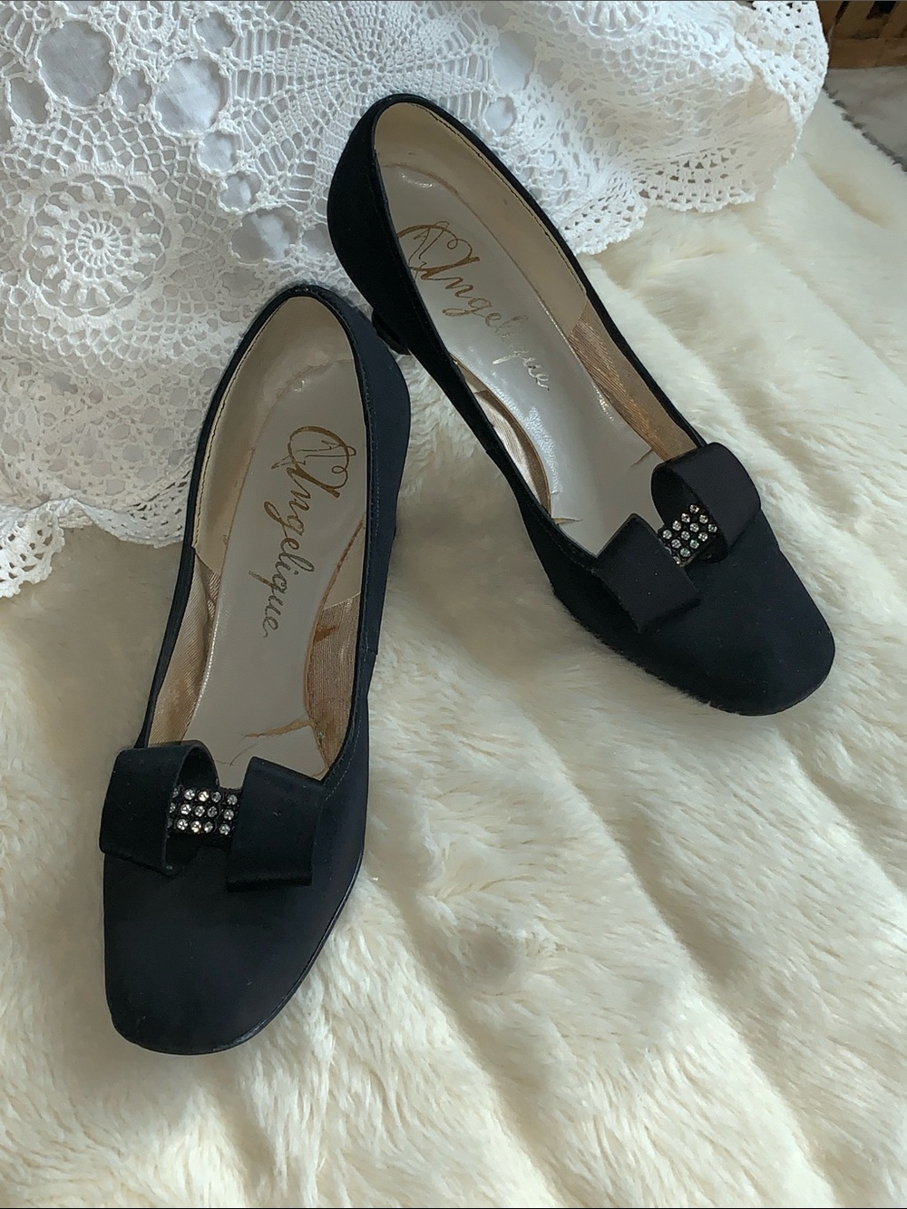 Vtg 60s Mod black crystal bow fabric evening heels pumps shoes 8.5